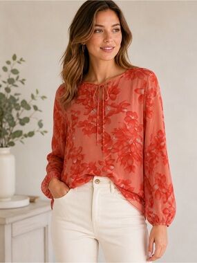 Josephine Chaus 100% Silk Floral Tie Neck Sheer Blouse Flowy Drape Women’s 4